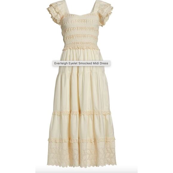 Sea New York Everleigh Eyelet Smocked Midi Cream Tiered Dress Large - Picture 4 of 6